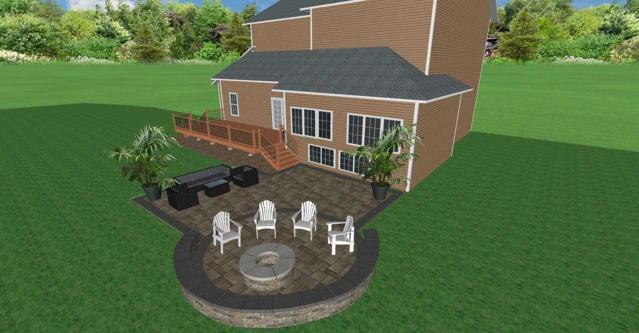 3D rendering of a backyard with a house, deck, patio, fire pit, and outdoor seating.