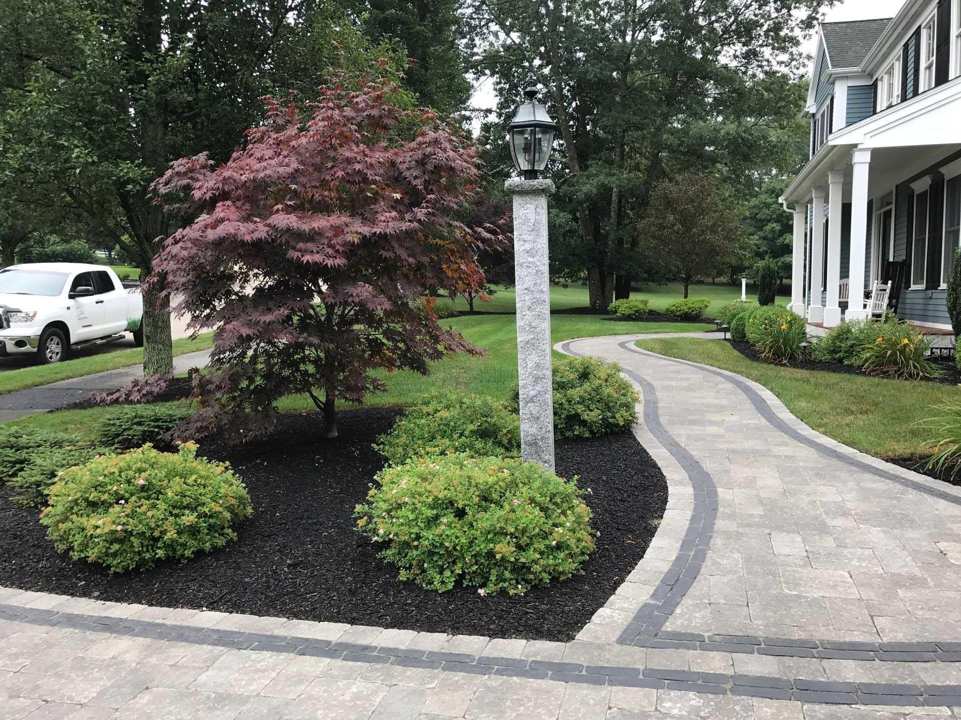 A brick path winds through a landscaped yard with a red Japanese maple and a lamp post.