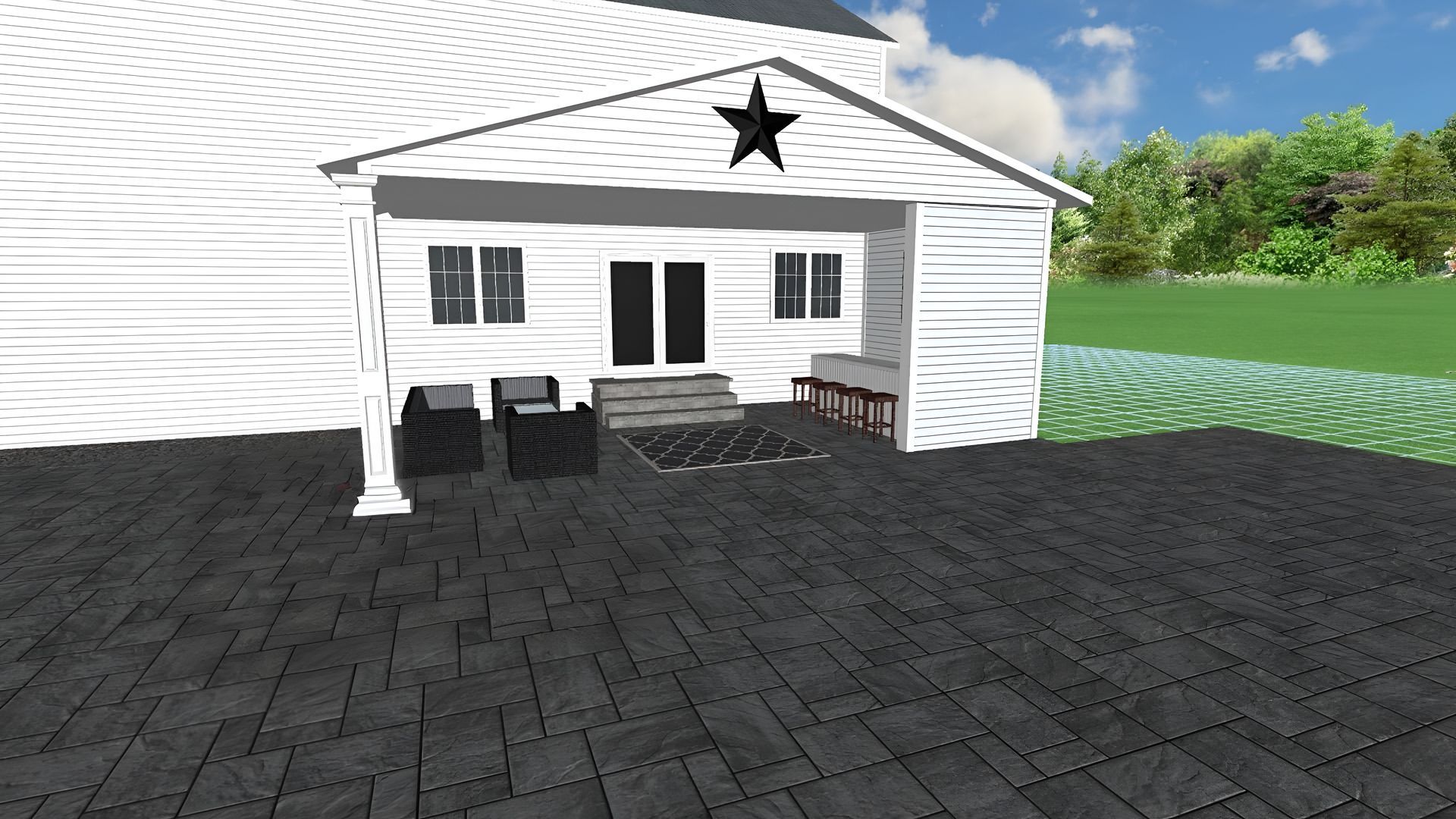 Back patio with black furniture, rug, and bench. White house with a black star and blue sky.