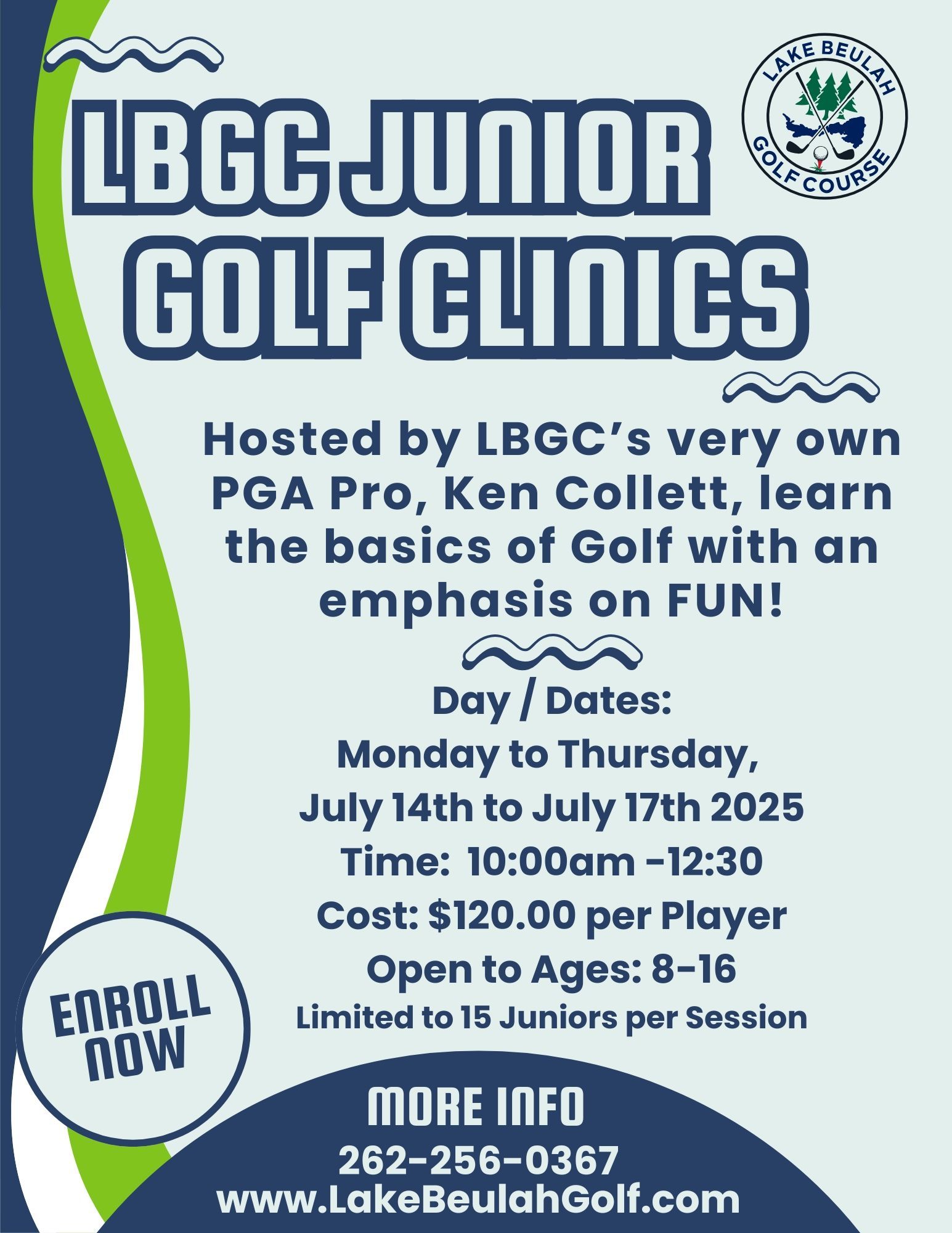 A blue and green advertisement for LBCC junior golf clinics