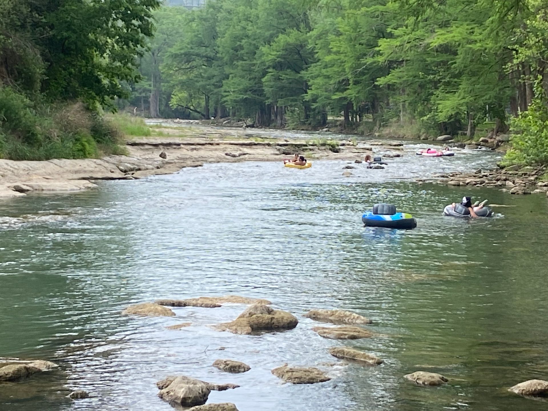A group of people are tubing down a river.