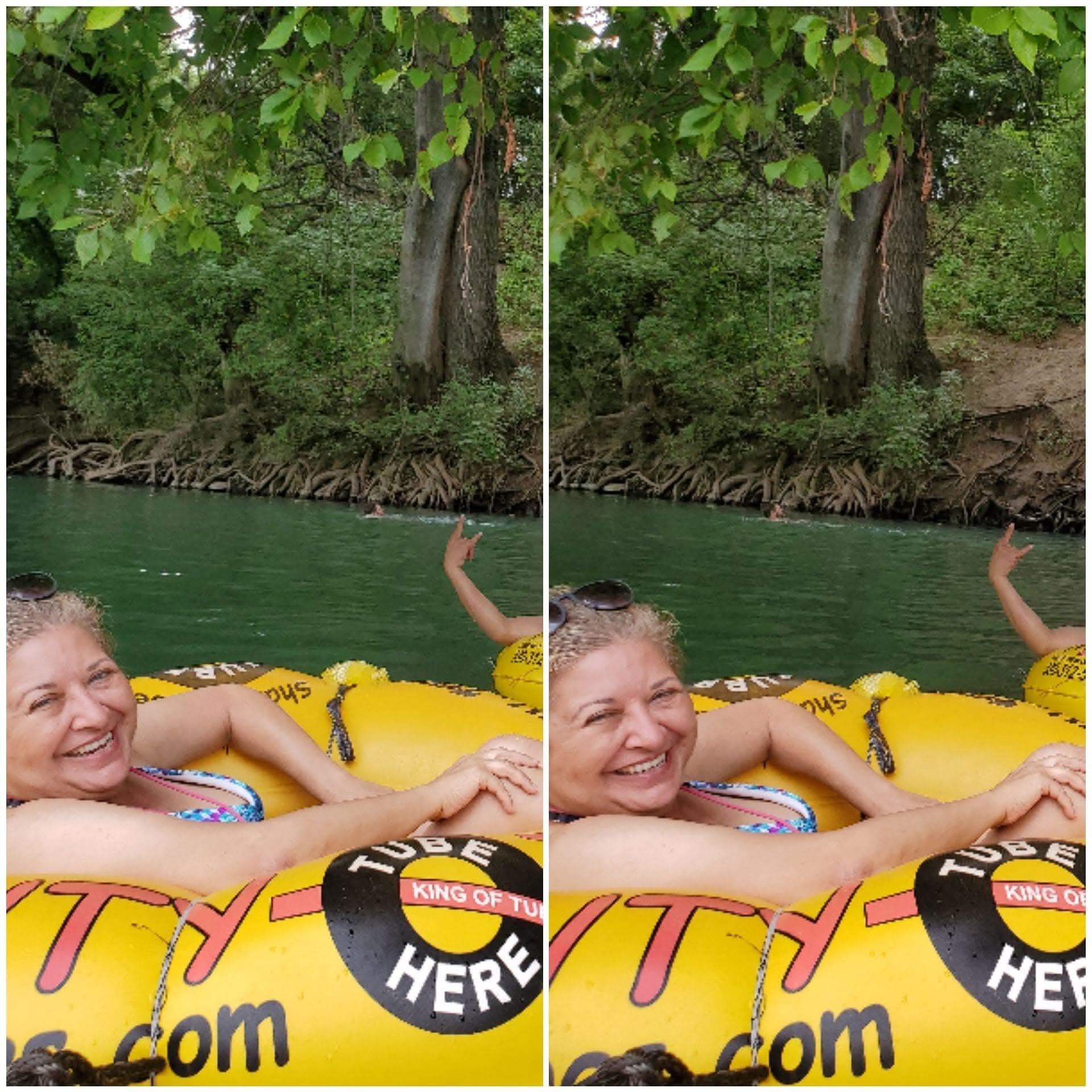 Two photo side by side of ladies joining tubing activities