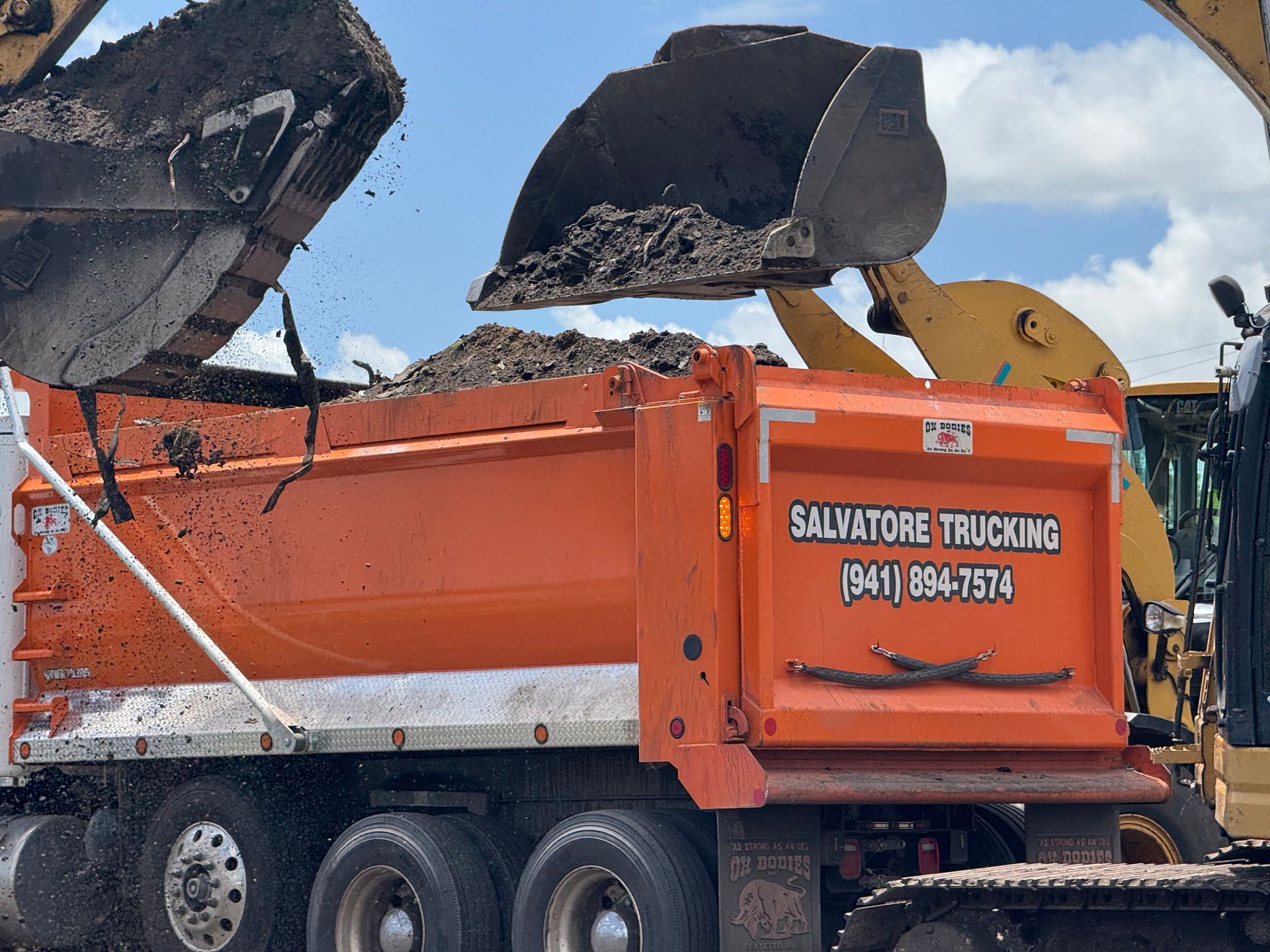 An orange dump truck is being loaded with dirt by a bulldozer.