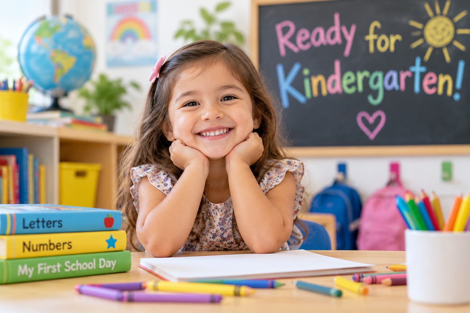 Smiling preschool child in a colorful classroom preparing for kindergarten with learning materials