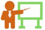 Orange presenter pointing at a green presentation board