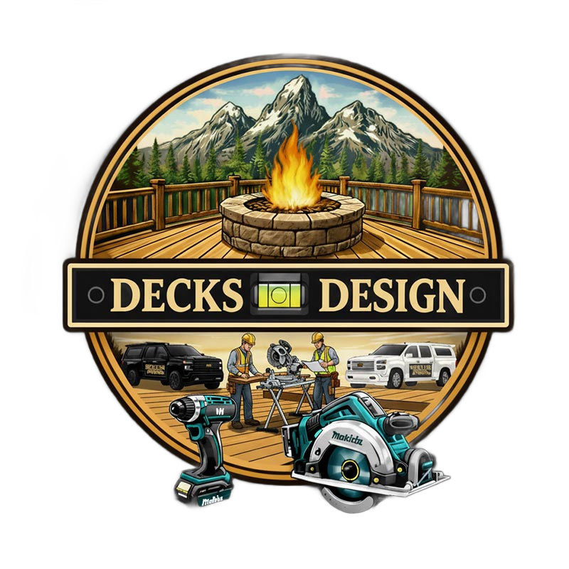 Decks Design logo with mountain, campfire, deck scene, and power tools/vehicle illustrations