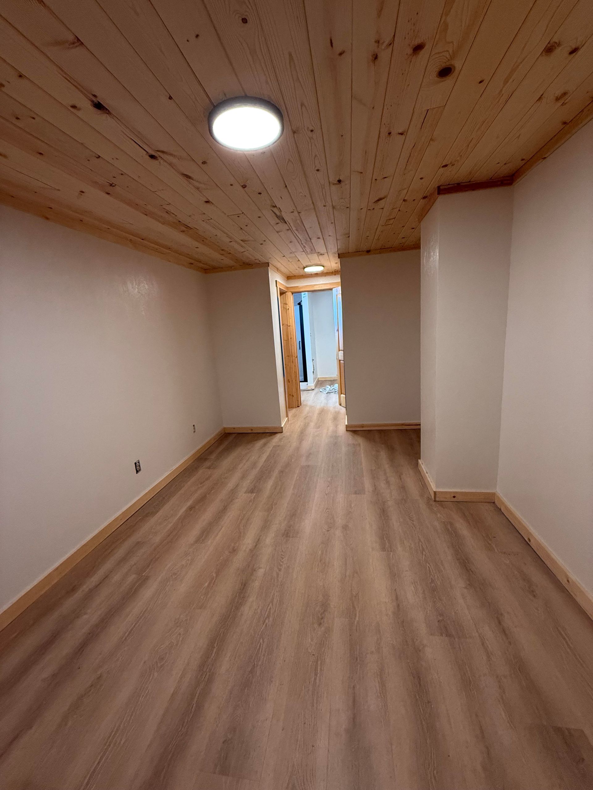 Small bathroom with toilet, wood-look floor, white walls, and glass shower enclosure on the left