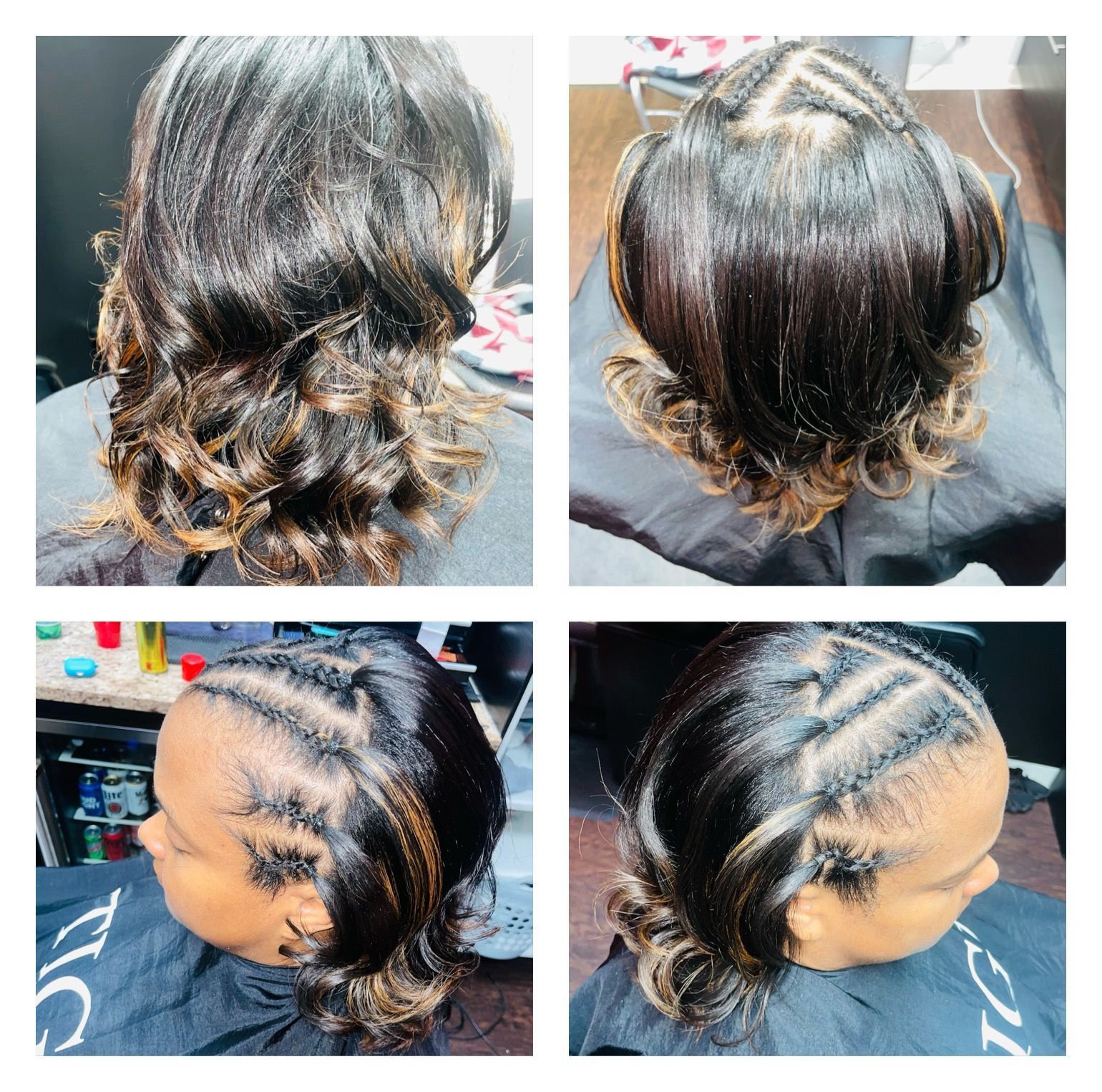 Four views of a person's hair with cornrows and styled waves. Dark hair with highlights.