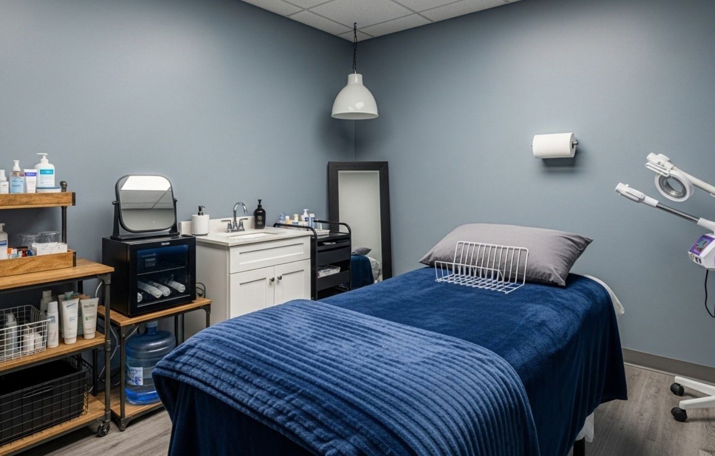 Esthetician's treatment room. Blue walls, bed with blue blanket. Skincare products on shelves.