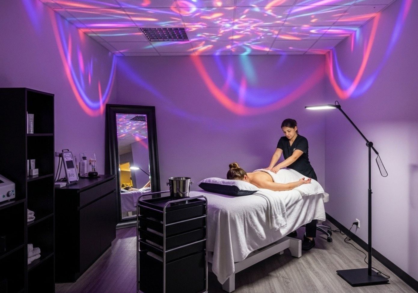 Massage room with a therapist giving a massage to a person on a table, with colorful lighting.