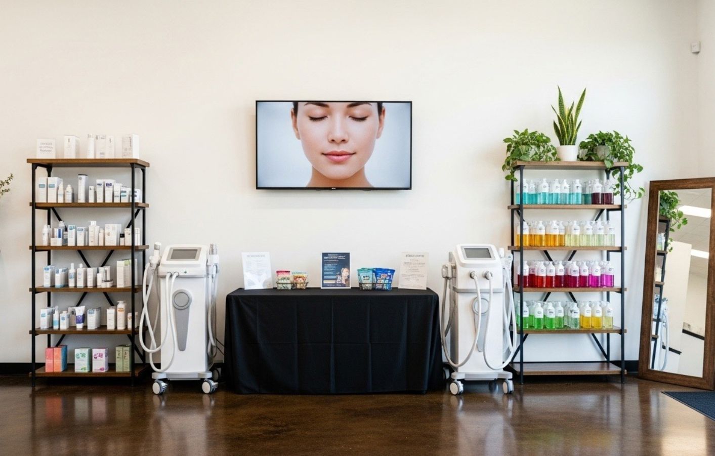 A well-lit spa interior with skincare products displayed on shelves and a flat-screen showing a person's face.