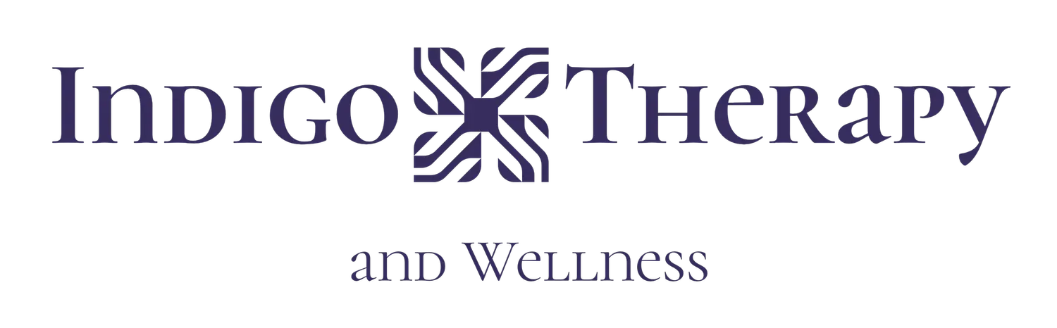 Indigo Therapy logo with stylized graphic between words, 