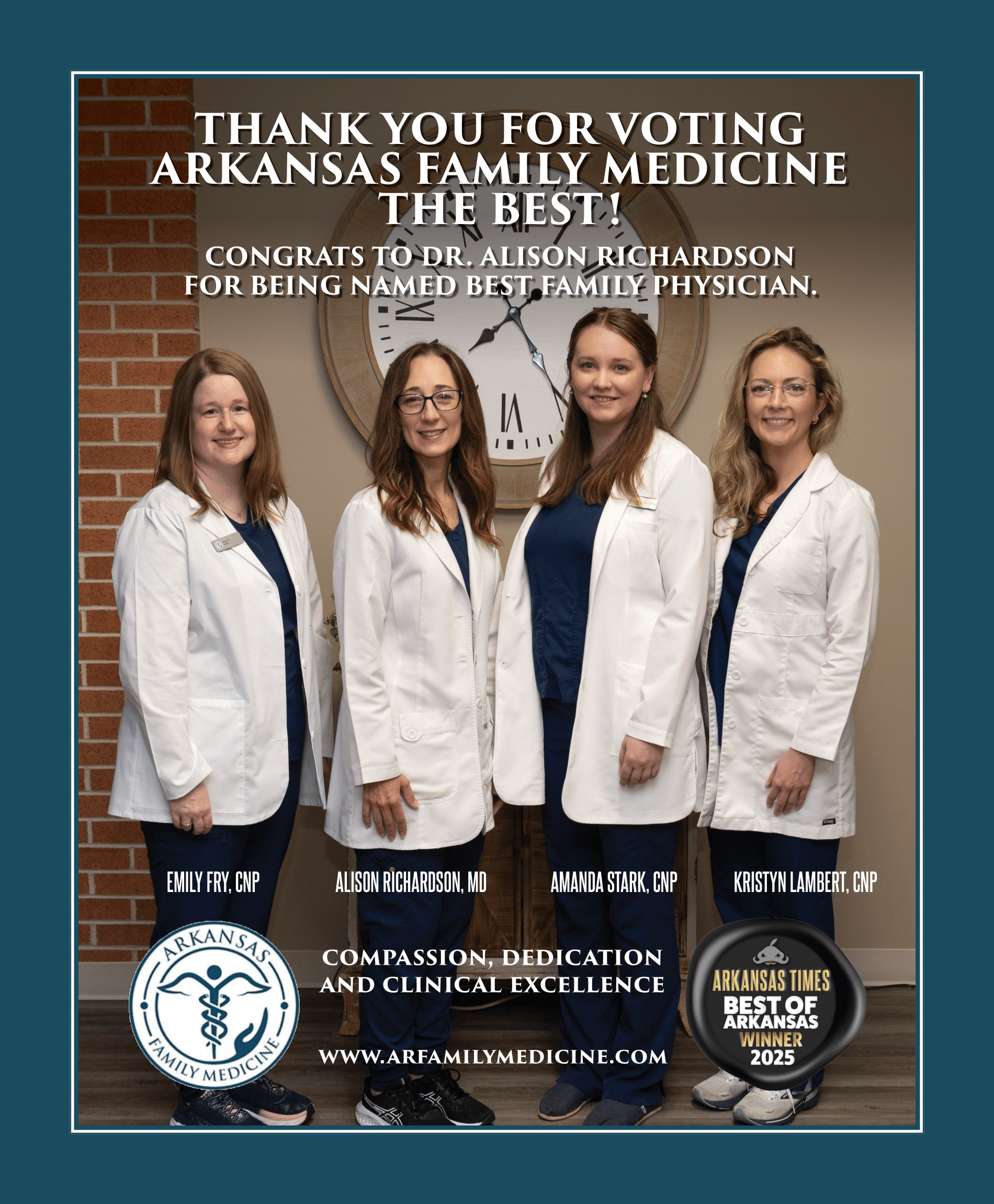 Four doctors in white coats pose for an Arkansas Family Medicine award poster.