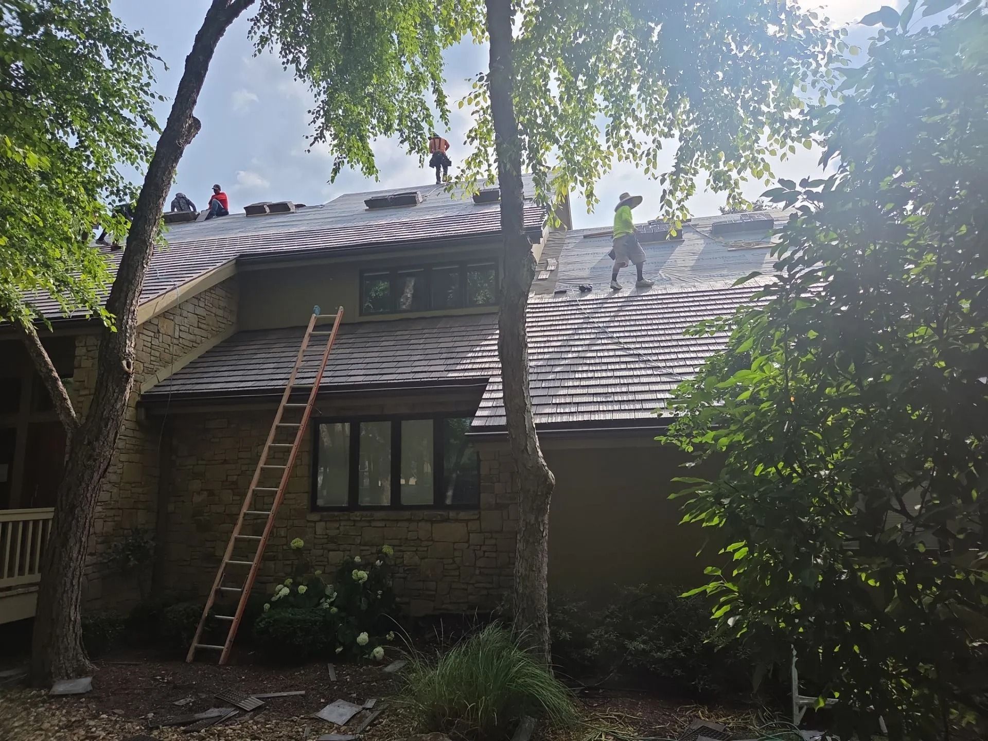 Roofers on a house roof. Trees frame the house and workers. Ladder on side of the house. Bright sky.