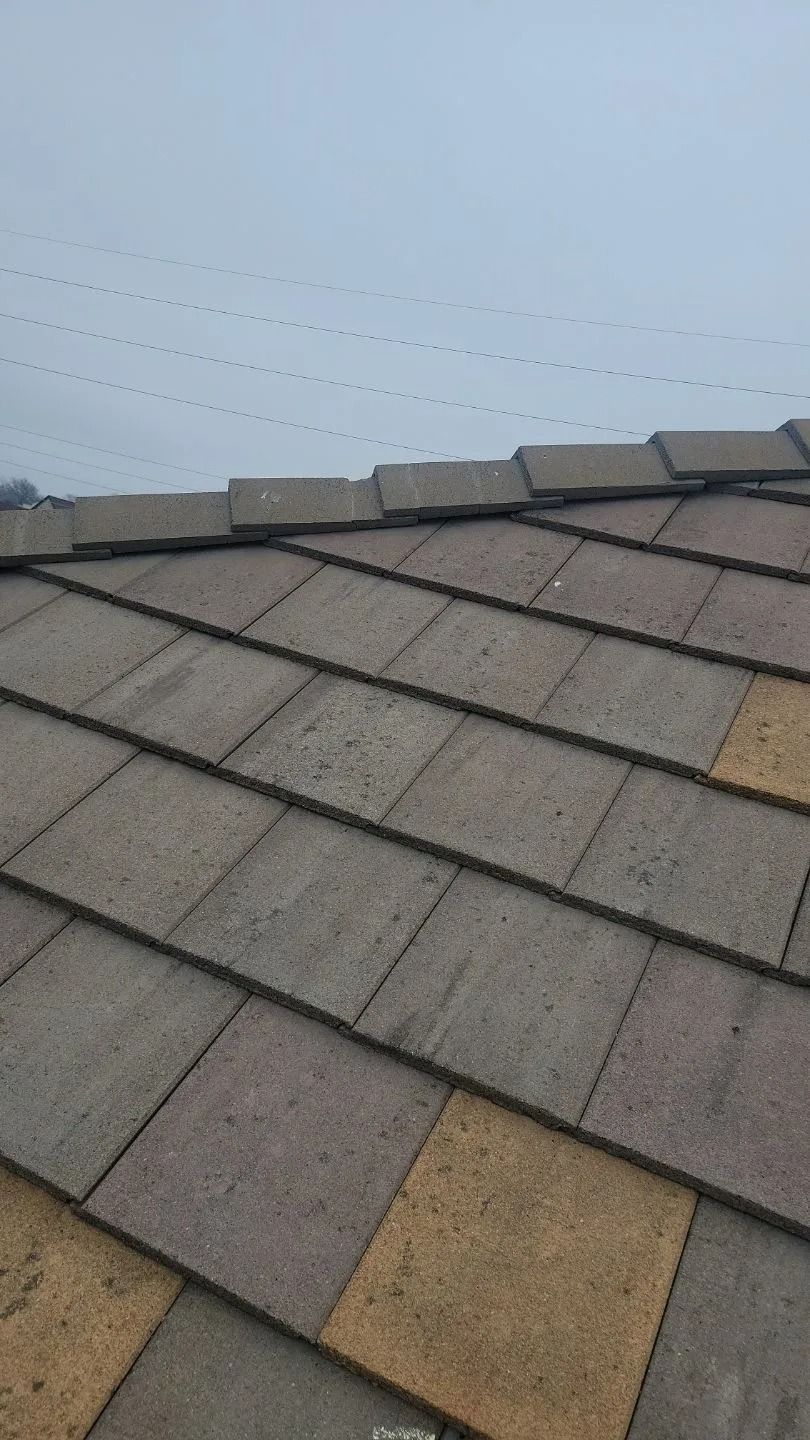 Close-up of a tiled roof in shades of brown and yellow against a cloudy sky.