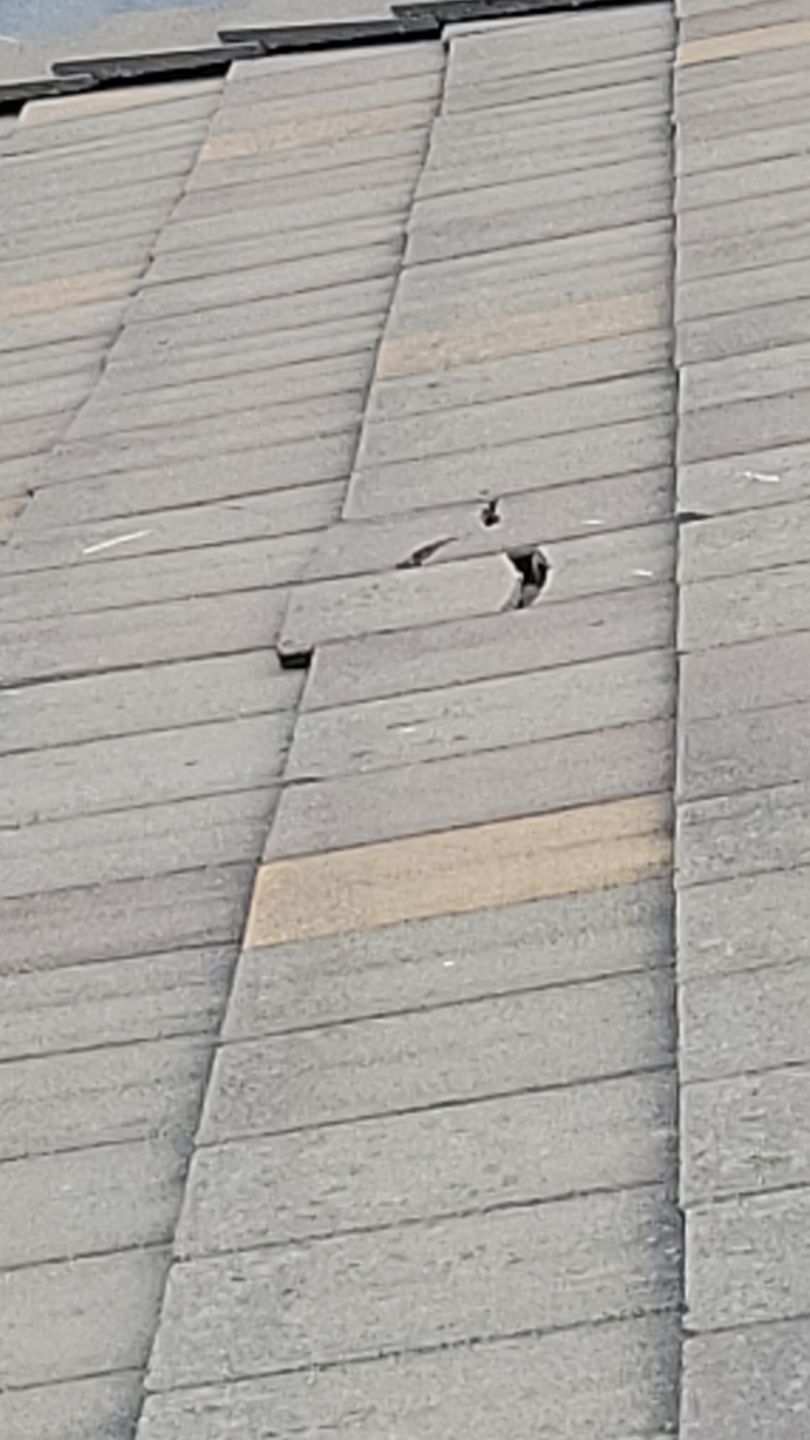 Damaged asphalt shingles on a roof with a cracked and missing shingle.
