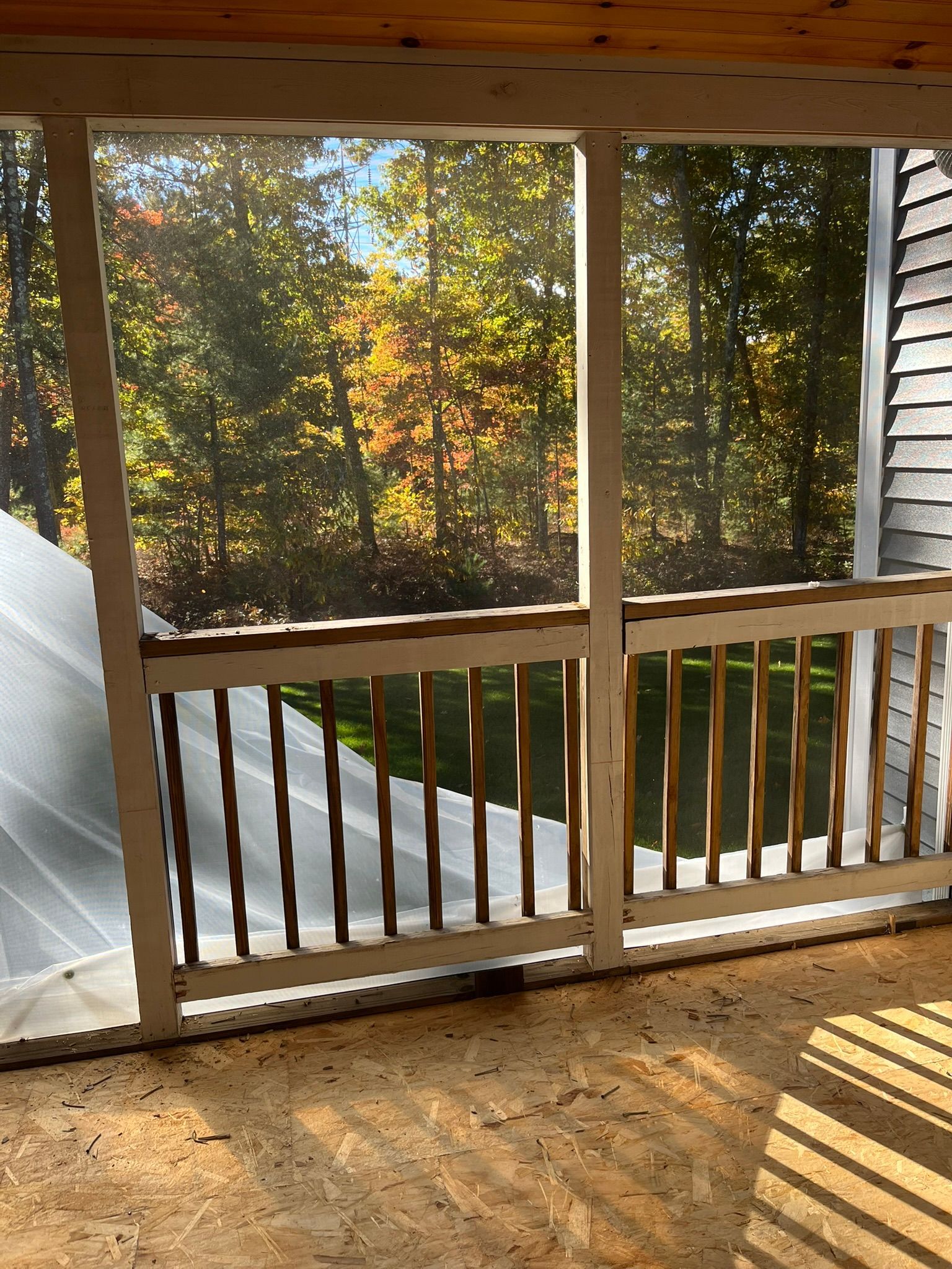 A screened in porch with a view of a forest.