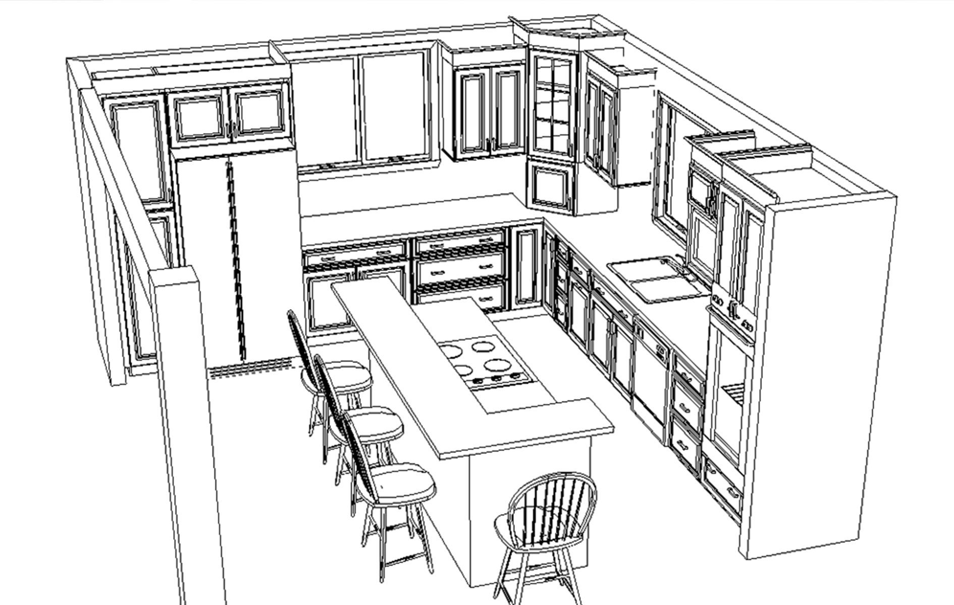 A black and white drawing of a kitchen with a large island.