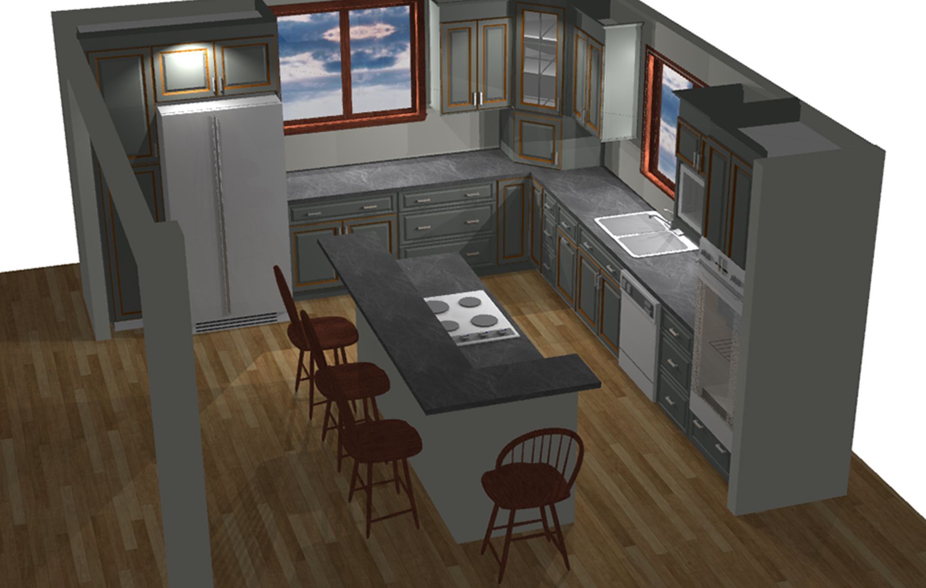 A 3d rendering of a kitchen with a stove top oven and stools