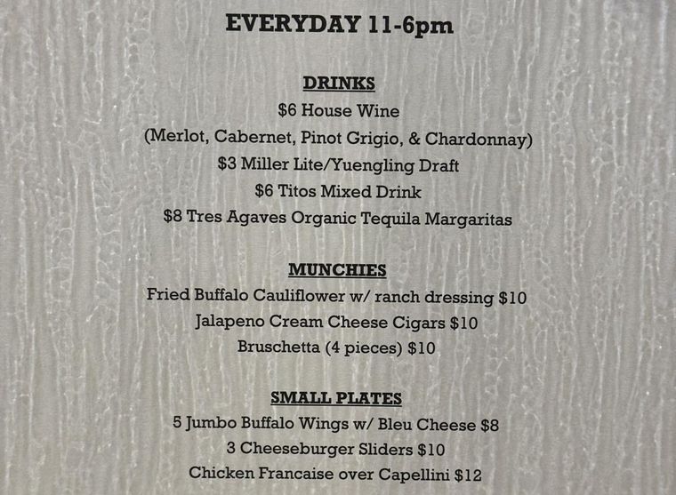 Menu for drinks, munchies, and small plates, available daily from 11 am to 6 pm.