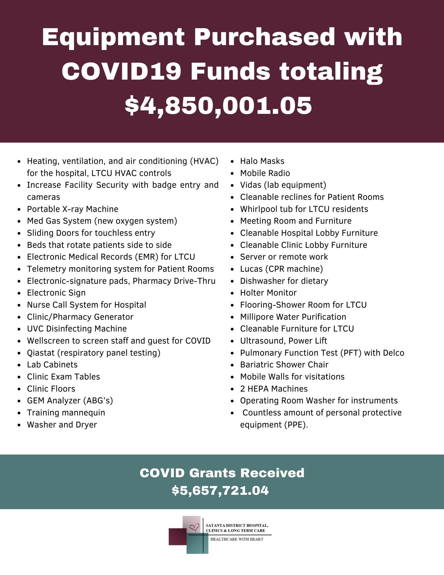 A flyer for equipment purchased with covid19 funds totaling $ 4,850,000.