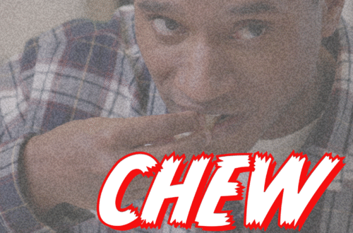 Man chewing with intense look, bold red-and-white “CHEW” text overlaid.