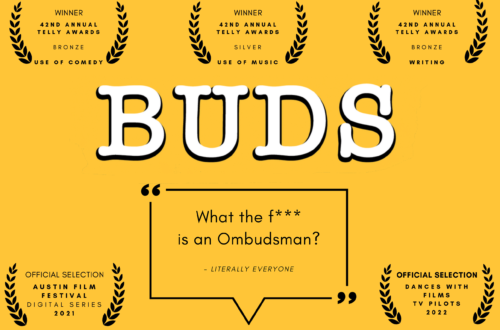 Yellow movie poster for “BUDS” with award laurels and a quote reading, “What the f*** is an Ombudsman?”