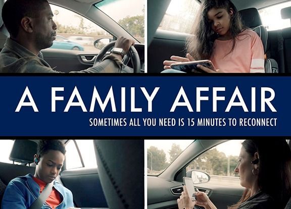 Four people using phones in separate car scenes with text: “A Family Affair” and “15 minutes to reconnect”