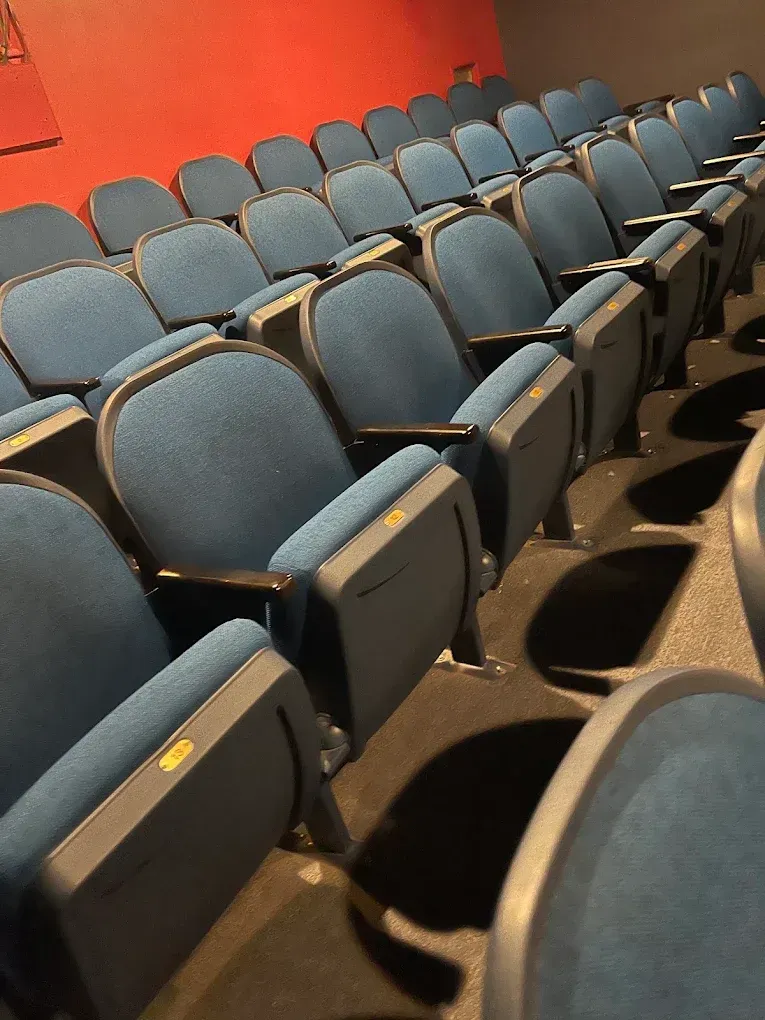 Rows of empty blue theater seats beside a red wall in an auditorium