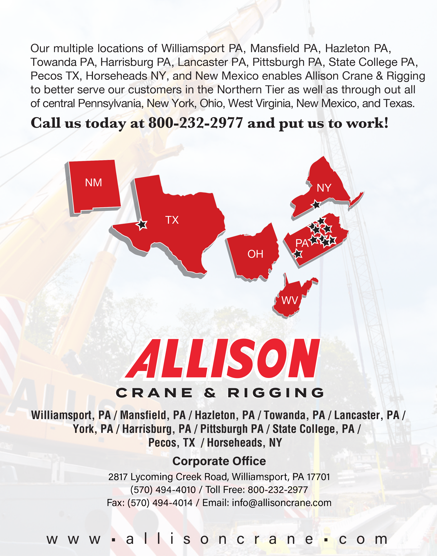 An advertisement for allison crane and rigging shows a map of texas