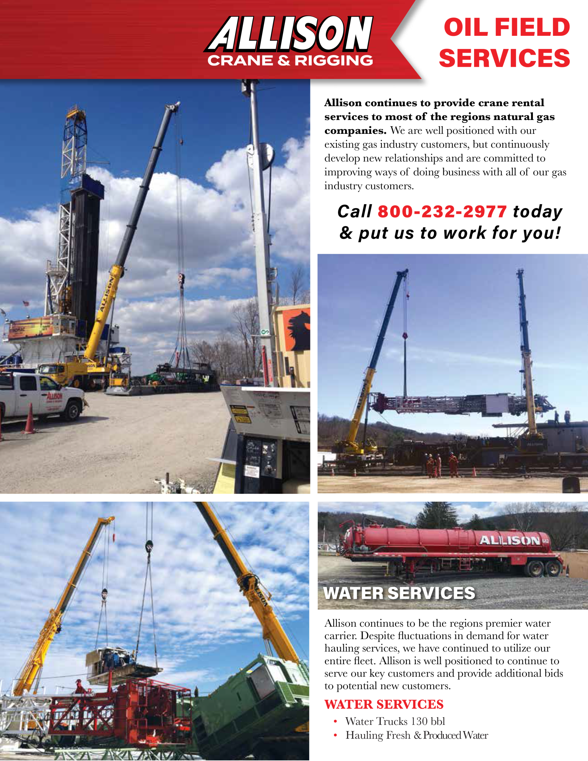 An advertisement for allison oil field services shows a crane lifting a large object.