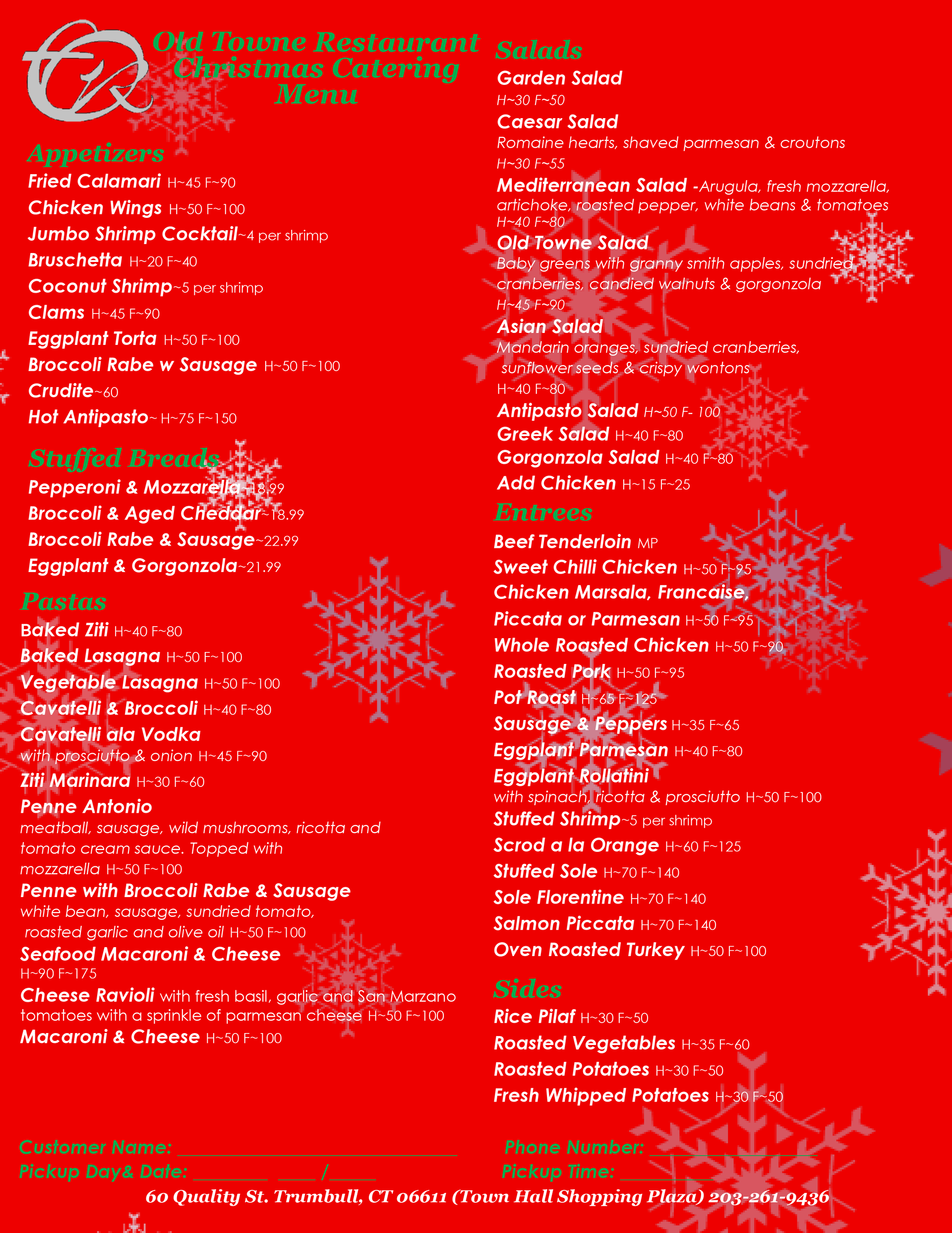 Christmas catering menu on red with snowflake decorations.