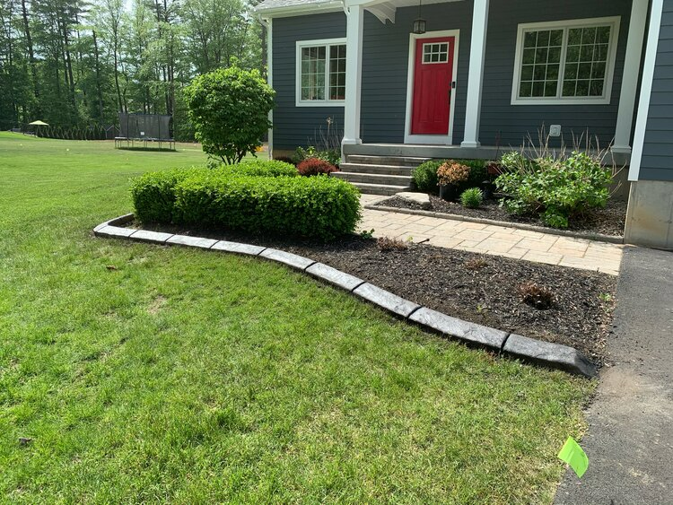 the front of a house with a red door and a lush green lawn .
