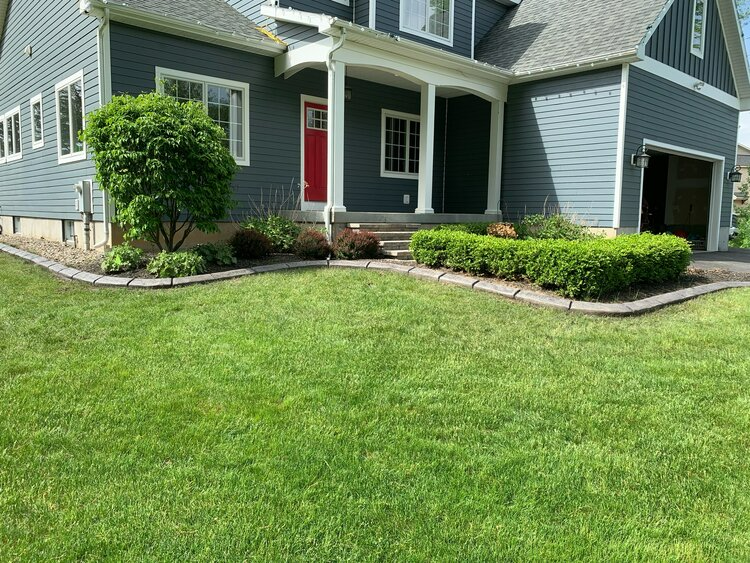 a blue house with a red door and a lush green lawn in front of it .
