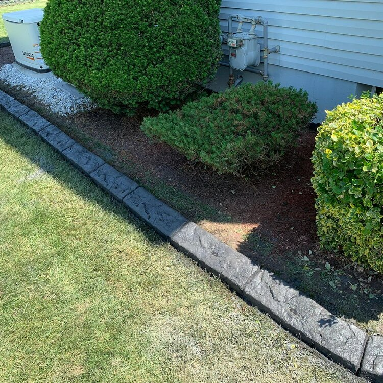 a concrete curb is surrounded by bushes and shrubs in front of a house .