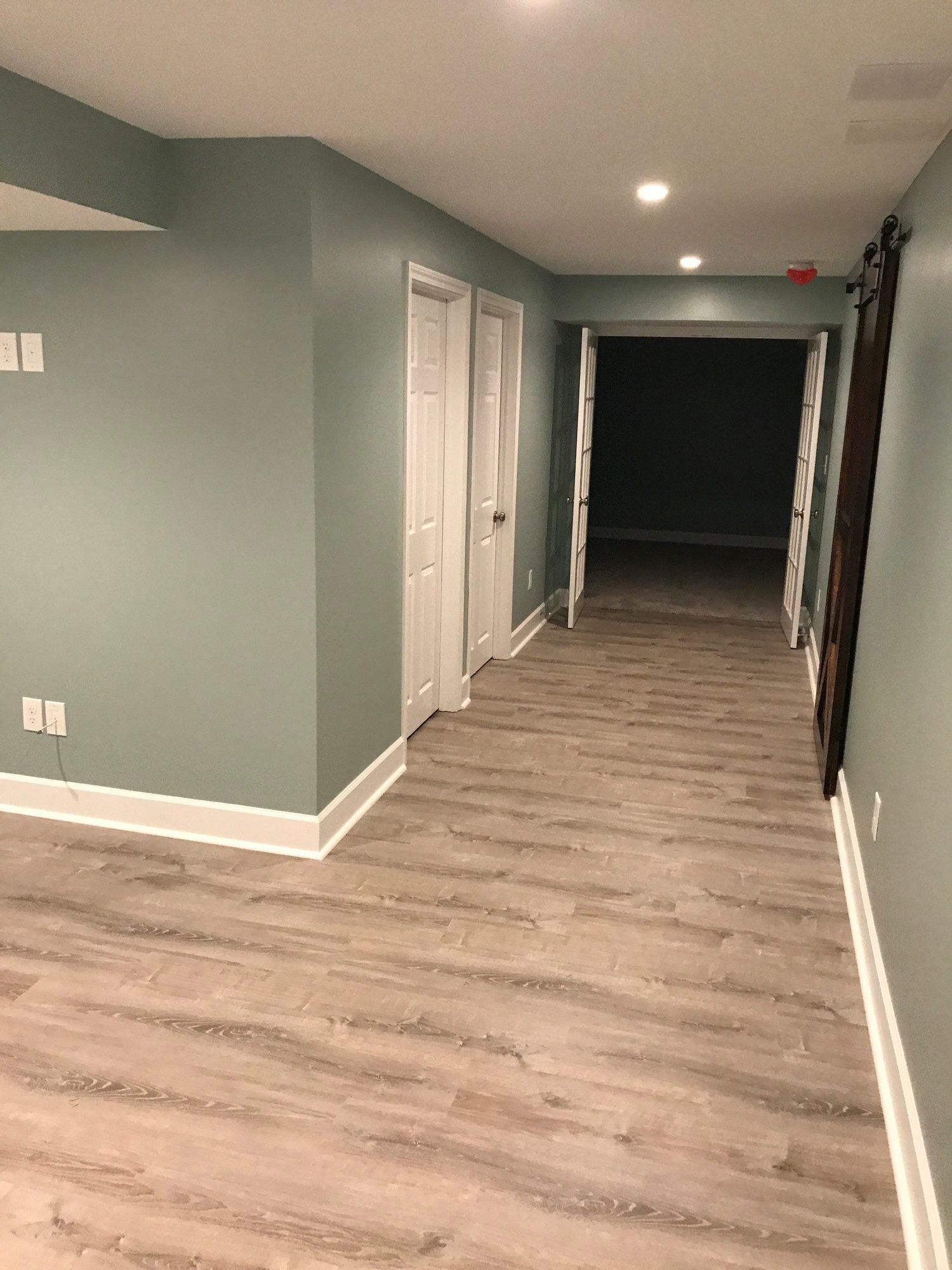 a hallway in a basement with hardwood floors and green walls