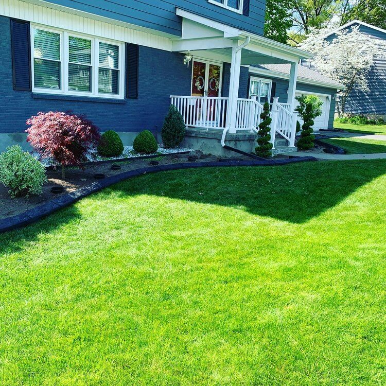 a blue house with a lush green lawn in front of it
