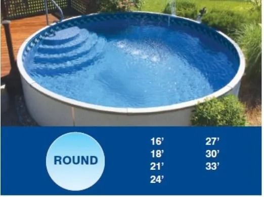 A blue round above-ground swimming pool with steps, listing available sizes from 16 to 33 feet in diameter.