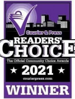 Courier & Press Readers' Choice 2021 Winner badge, purple, black, and white design.
