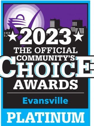 2023 Community's Choice Awards badge for Evansville: cityscape, purple and blue, 