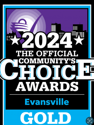 2024 Community's Choice Awards badge for Evansville, Gold. Purple and white logo with city skyline and checkmark.