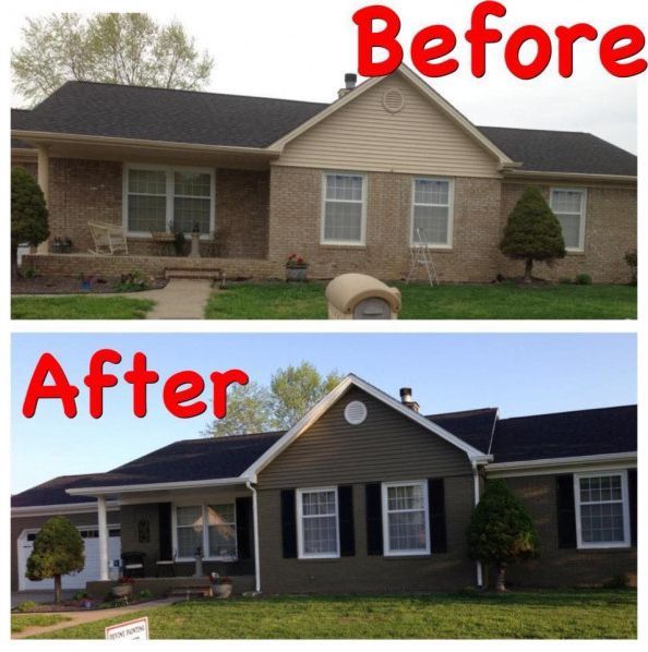 Home exterior renovation: Before and after. Beige and brick before, dark green and white after.