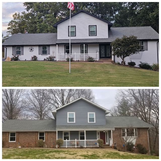 House exterior before and after renovation. Top: white with dark accents. Bottom: gray with brick.