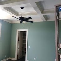 Room with green walls, white ceiling with beams, black ceiling fan, and open closet doorway.