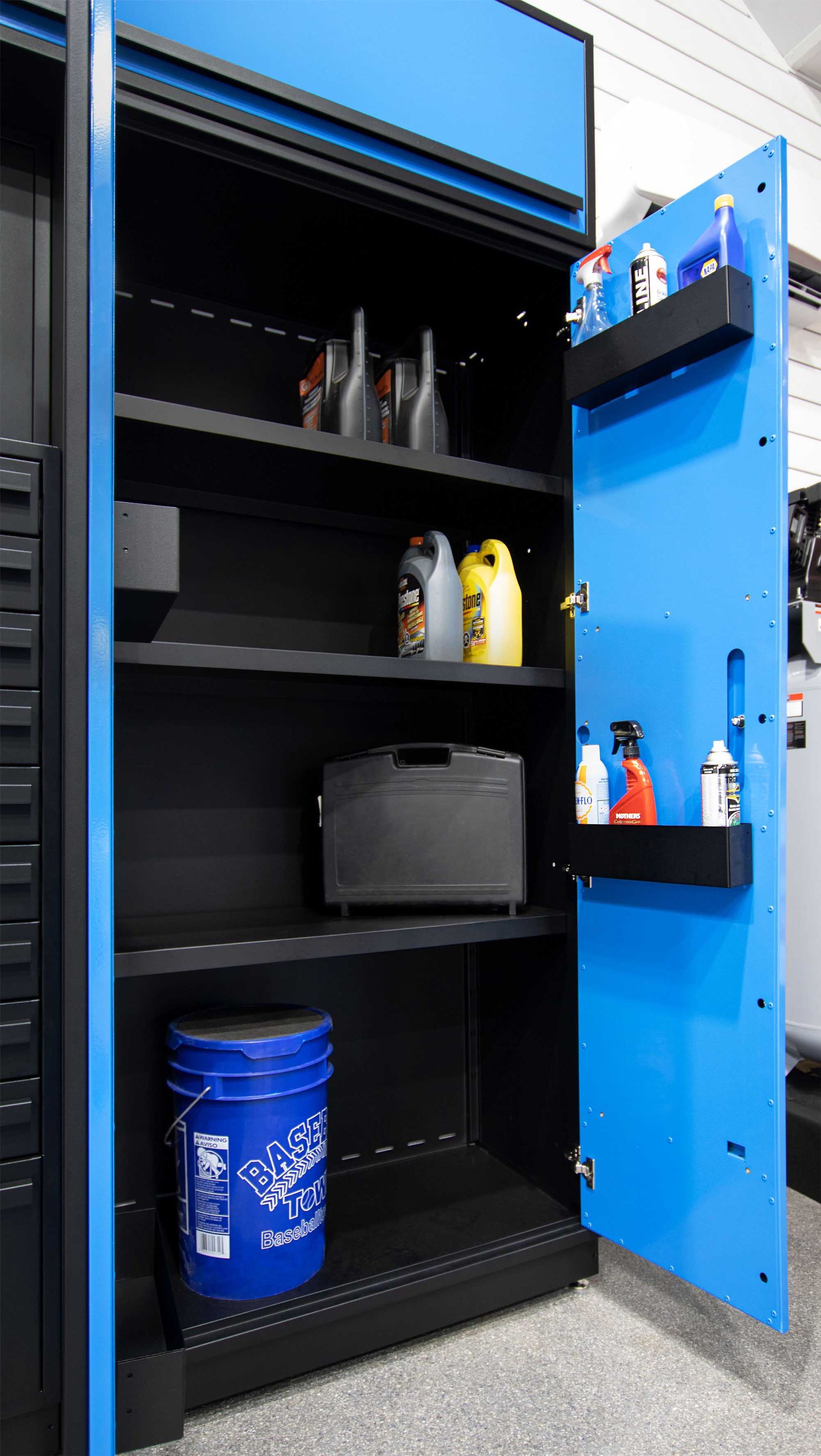 Blue and black cabinet with shelves holding supplies and tools.