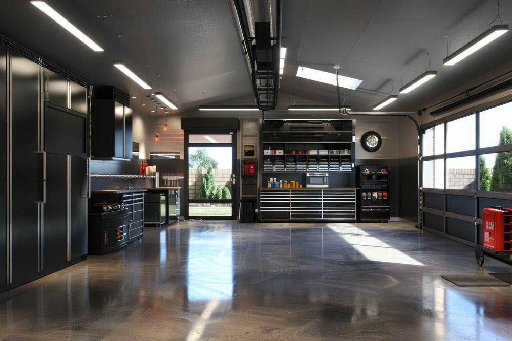 Modern, well-lit garage with black cabinets, polished concrete floor, and workbenches; sunny outdoors visible.