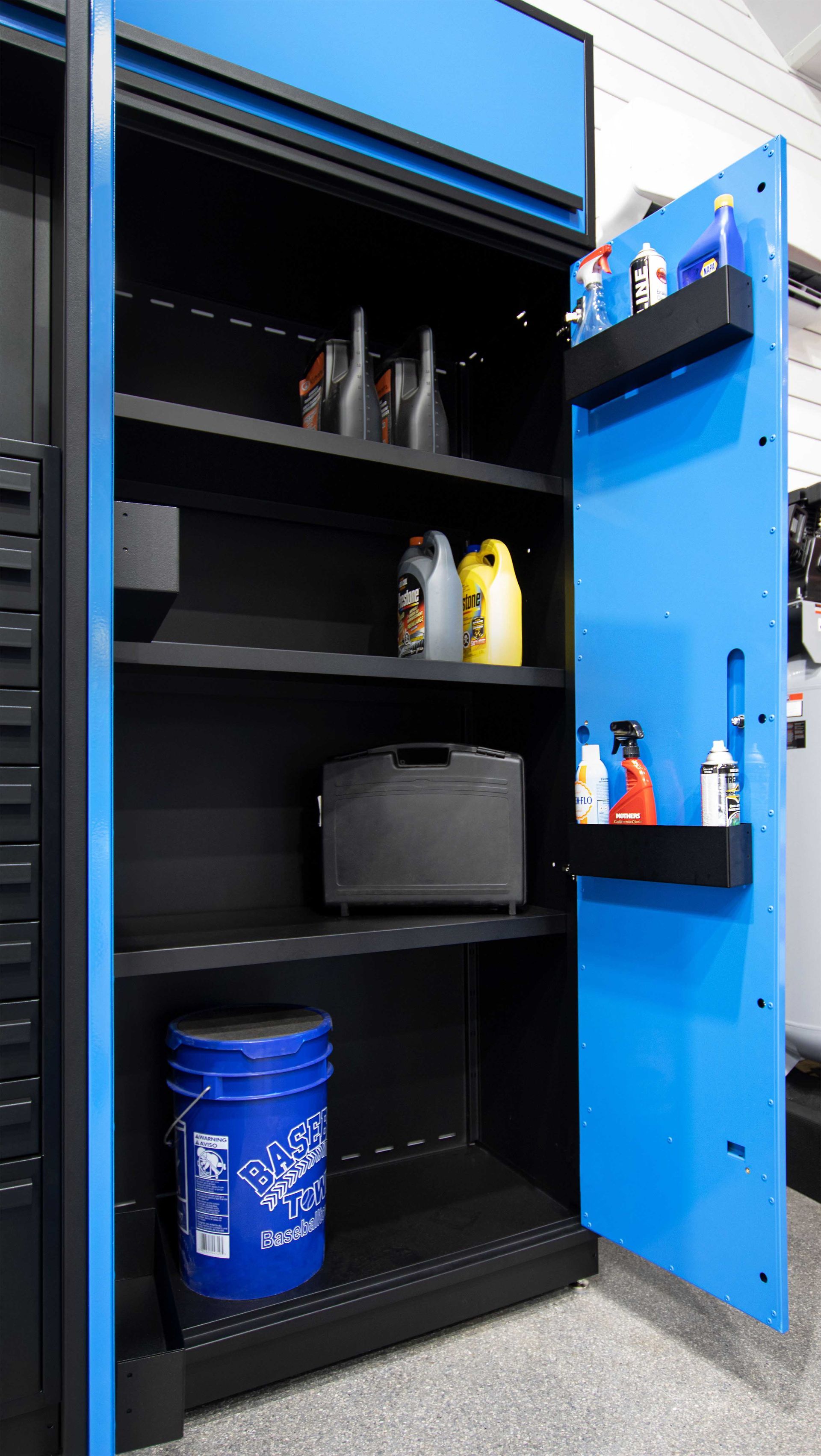 Blue and black storage cabinet open, filled with containers and supplies.