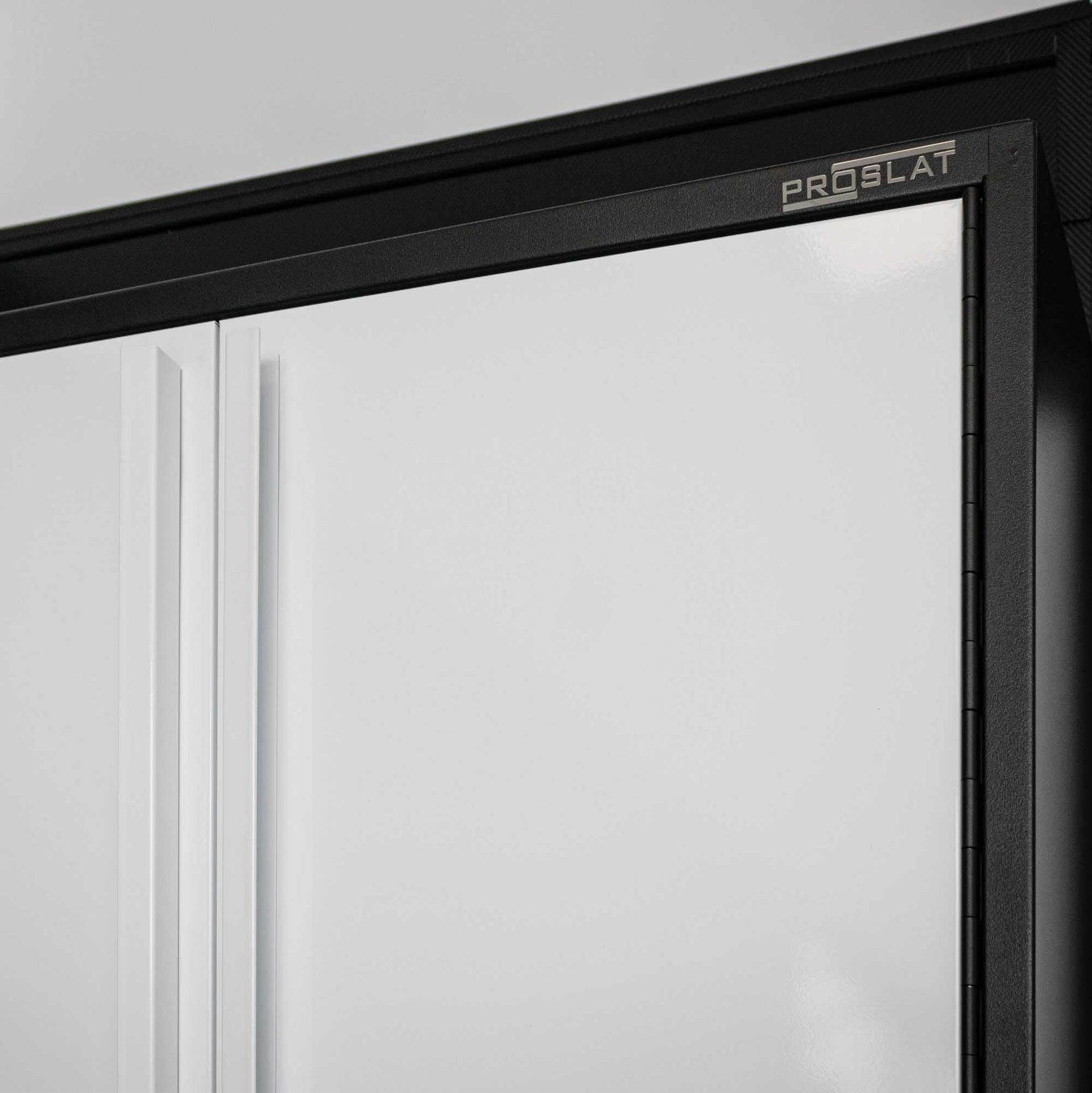White cabinet doors with black trim, a Proslat logo is visible.