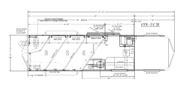 A black and white drawing of a trailer with measurements on a white background.