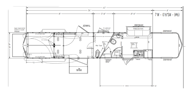 A black and white drawing of a trailer with measurements on a white background.